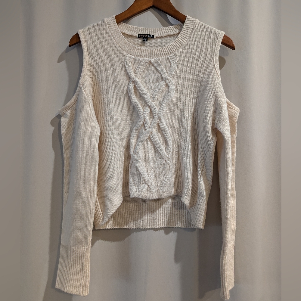 Copper Key Cold Shoulder Cable Knit Sweater Cream High Low Hem Cream Small